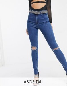 ASOS DESIGN Tall Ridley high waist skinny jeans in bright midwash blue with rips and raw hem