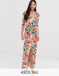 ASOS DESIGN Tall ruched sleeve open back maxi dress in floral print-Multi