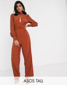 ASOS DESIGN Tall ruched waist detail jumpsuit with split front-Red