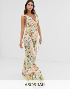 ASOS DESIGN Tall ruffle wrap maxi dress with tie detail in floral print-Multi