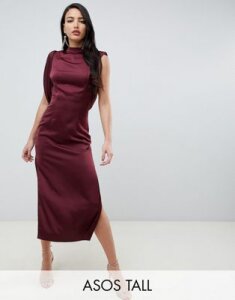 ASOS DESIGN Tall satin midi dress with drape armhole and side split-Red