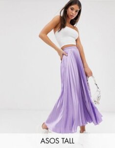 ASOS DESIGN Tall satin pleated midi skirt-Purple