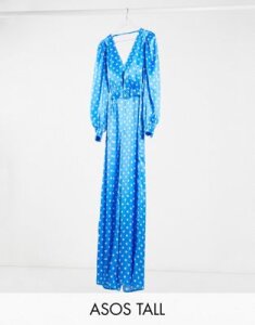 ASOS DESIGN Tall satin wide leg jumpsuit in blue and white spot-Multi