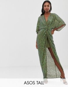 ASOS DESIGN Tall scatter sequin knot front kimono maxi dress-Green