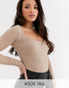 ASOS DESIGN Tall scoop neck ribbed sweater in recycled blend-Stone