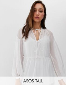 ASOS DESIGN Tall sheer smock top with tie front-White