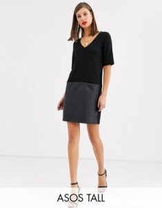 ASOS DESIGN Tall shift dress with leather look hem in black