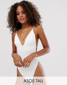 ASOS DESIGN tall skinny tie strap back swimsuit in textured in white