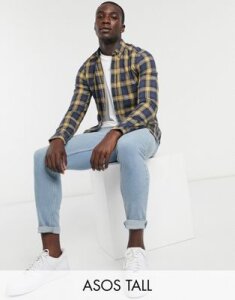ASOS DESIGN Tall slim shirt in yellow and navy check