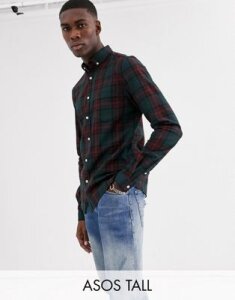 ASOS DESIGN Tall slim stretch check in burgundy and green-Red