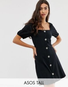 ASOS DESIGN Tall slubby mini tea dress with faux shell buttons-Black