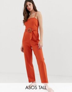 ASOS DESIGN Tall strappy pinny belted jumpsuit-Orange