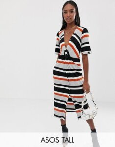 ASOS DESIGN Tall stripe rib twist front midi dress with button detail-Multi