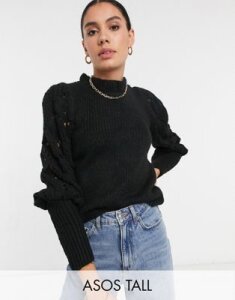 ASOS DESIGN Tall sweater with pointelle sleeves and neck detail in black