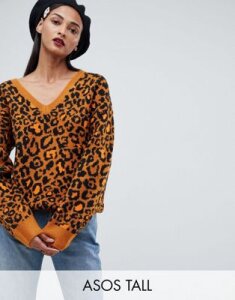 ASOS DESIGN Tall Sweater With V Neck In Animal-Multi