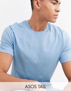 ASOS DESIGN Tall t-shirt in organic cotton with notch neck detail and city print in light blue
