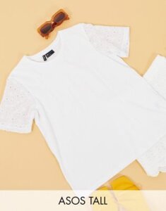 ASOS DESIGN Tall t-shirt with floral cutwork sleeve detail-White