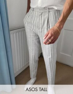 ASOS DESIGN Tall tapered smart pants in gray stripe linen