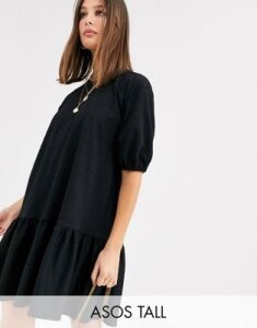 ASOS DESIGN Tall textured smock dress with tiered hem in black