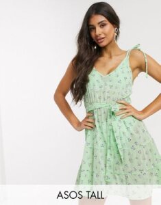 ASOS DESIGN tall tie shoulder beach dress in apple green ditsy floral print-Multi
