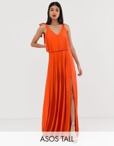 ASOS DESIGN Tall tie shoulder pleated crop top maxi dress-Orange