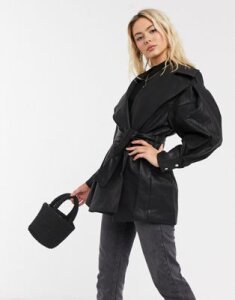 ASOS DESIGN textured belted extreme sleeve leather look jacket in black