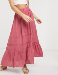 ASOS DESIGN tiered crinkle maxi skirt with lace insert in rose-Multi