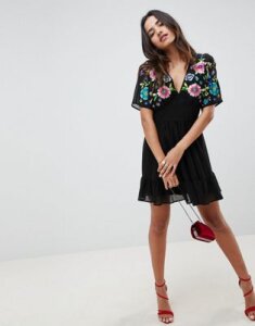 ASOS DESIGN Tiered Mini Dress With Floral Embroidery-Black