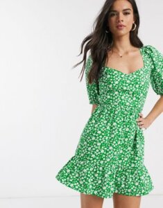 ASOS DESIGN tiered mini dress with puff sleeves and open back in ditsy floral print-Multi