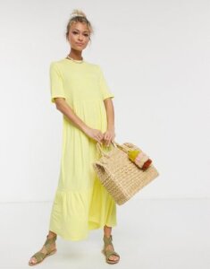 ASOS DESIGN tiered smock t-shirt midi dress in lemon-Yellow