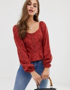 ASOS DESIGN top in broderie with button front and peplum-Brown