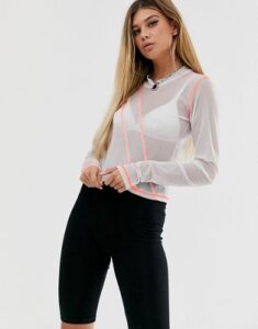 ASOS DESIGN top in mesh with long sleeve and contrast seams-White