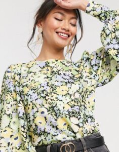 ASOS DESIGN top with blouson sleeve and cuff detail in floral print-Multi