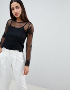 ASOS DESIGN Top With Scalloped Hem And Embroidery-Black