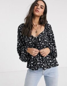 ASOS DESIGN top with volume sleeve and tie front detail in ditsy print-Multi