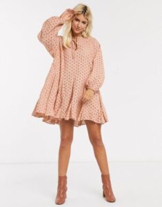 ASOS DESIGN trapeze mini dress with godets in broderie in mink-Pink