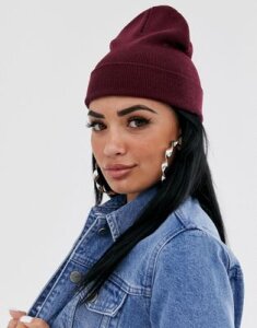 ASOS DESIGN turn up beanie in recycled polyester in burgundy-Red