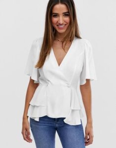 ASOS DESIGN tux top with angel sleeve and button detail-White