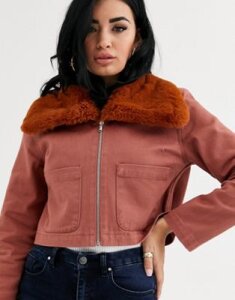 ASOS DESIGN twill cropped shacket with fur collar-Brown