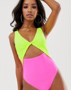 ASOS DESIGN twist front color block swimsuit in neon yellow and pink-Multi