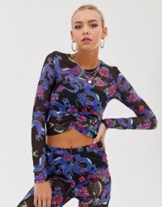 ASOS DESIGN two-piece mesh crop top in bright dragon print with ruched front-Multi