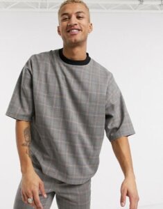 ASOS DESIGN two-piece woven t-shirt in all over check-Brown