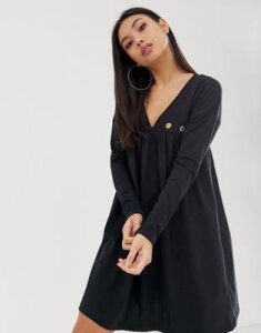 ASOS DESIGN ultimate long sleeve cotton smock dress with eyelets-Black