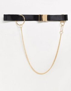 ASOS DESIGN utility buckle jeans belt with ring and chain detail in black