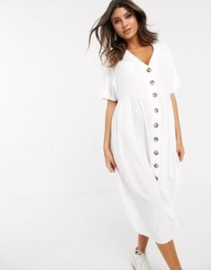 ASOS DESIGN v neck button through midi smock dress-White