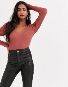 ASOS DESIGN v neck knitted bodysuit with ruched sleeve-Brown