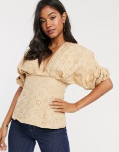 ASOS DESIGN v neck top in broderie with ruched volume sleeve-No Color