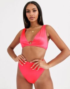 ASOS DESIGN v wire mirror satin bikini top in hot coral pink