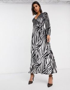 ASOS DESIGN velvet wrap maxi dress in zebra print-Multi
