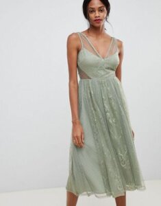ASOS DESIGN vintage midi dress in delicate dobby and lace mix-Green